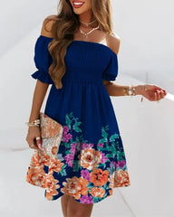 Short-Sleeve T-Neck Neck High Waist Pleated Printed Skater dresses