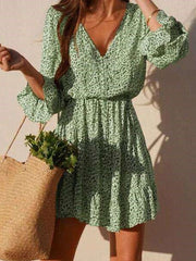 Casual Print V neck Mandarin sleeve Skater Dresses