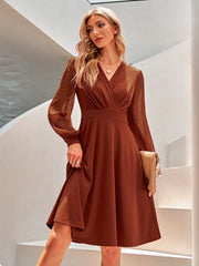 V-neck solid long sleeveelegant skater dresses(3 colors)