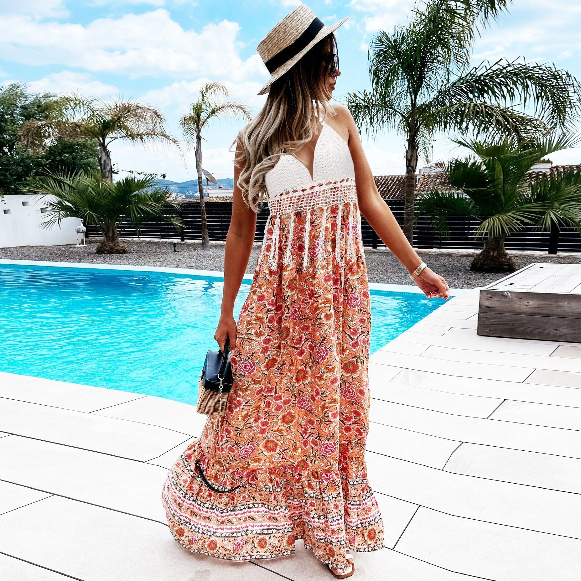 Vacation beach wearing printed halter neck women sleeveless long dresses