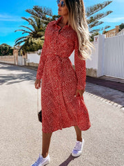 Casual Floral print Lapel Long sleeve Fastener Lacing Skater Dresses