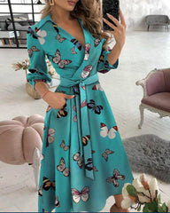 Fashion Long sleeve V-neck printed women's maxi dresses