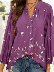 Casual Loose Butterfly print V neck Long sleeve Blouses