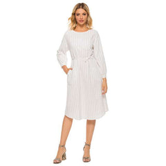 Casual Loose Stripe Lacing Long sleeve Round neck Maxi Dresses