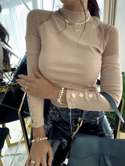 Fashion Pure Grenadine Gored High collar Long sleeve T-Shirts