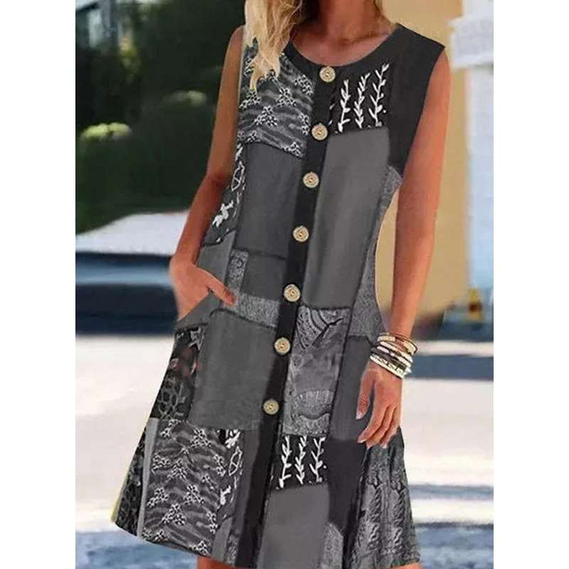 Casual Retro print Fastener Round neck Sleeveless Shift Dresses