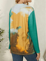 Casual Plangi Cat print Round neck Long sleeve T-Shirts