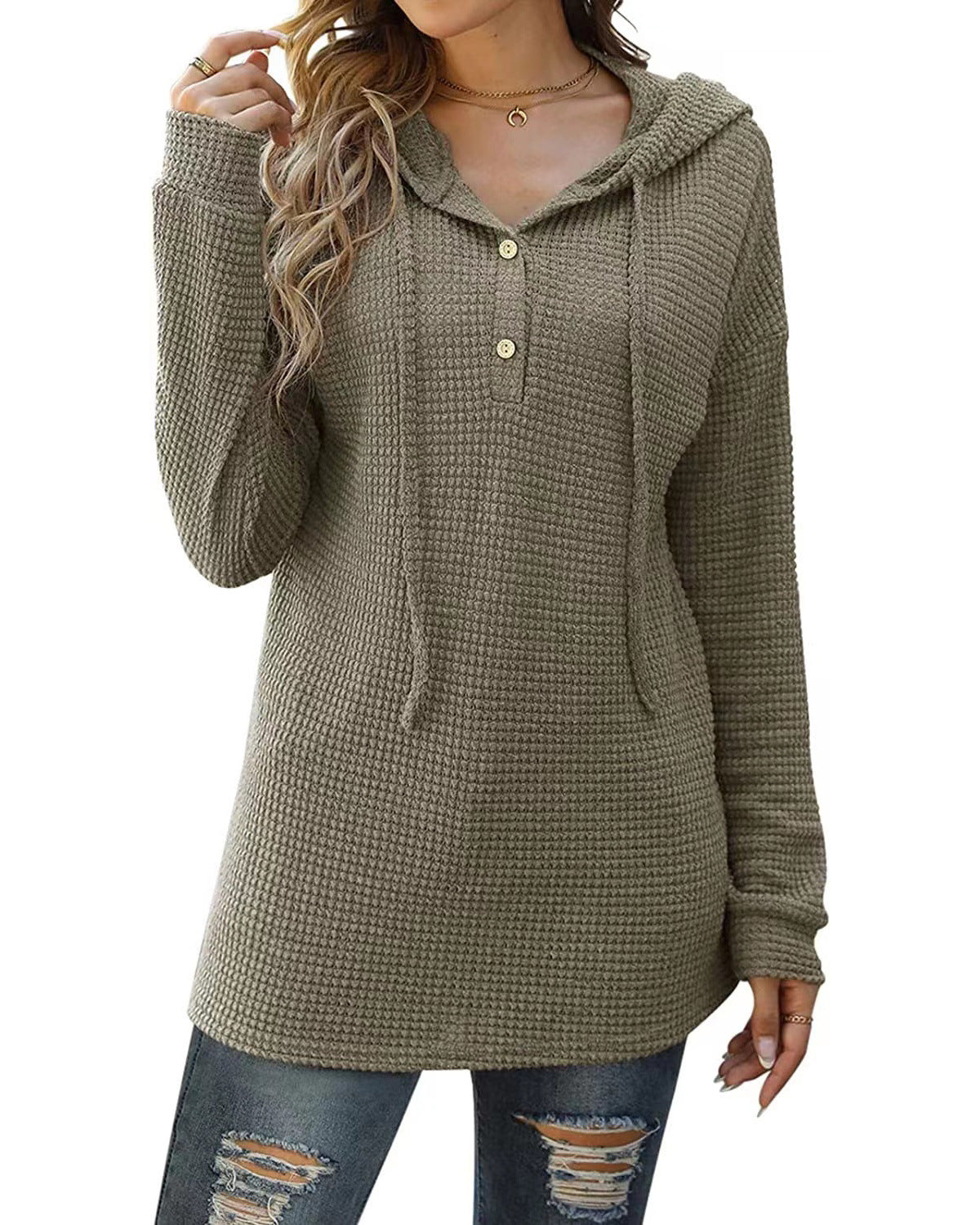 Loose Sports Knit Long Sleeve Button Hooded Sweatshirts