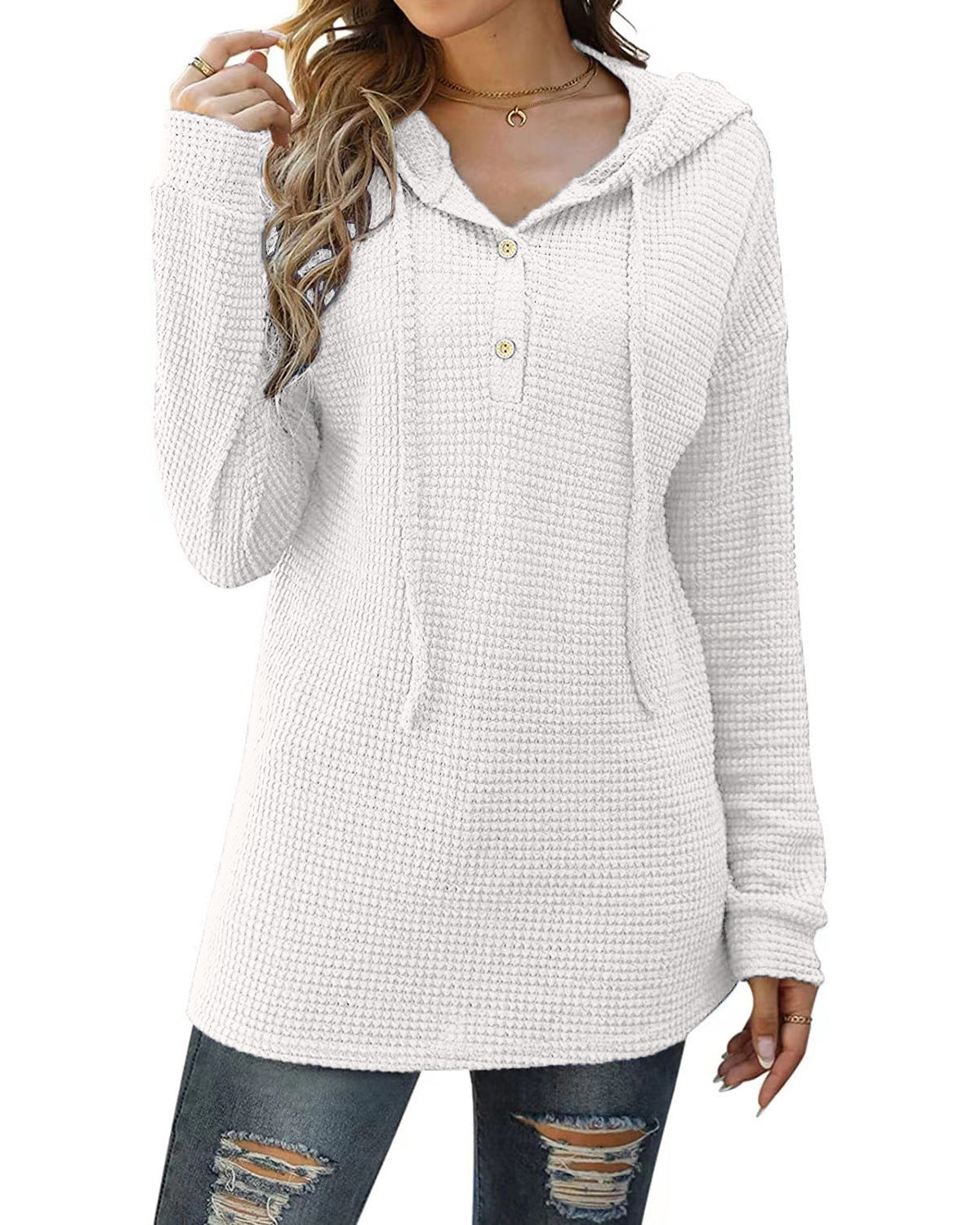 Loose Sports Knit Long Sleeve Button Hooded Sweatshirts