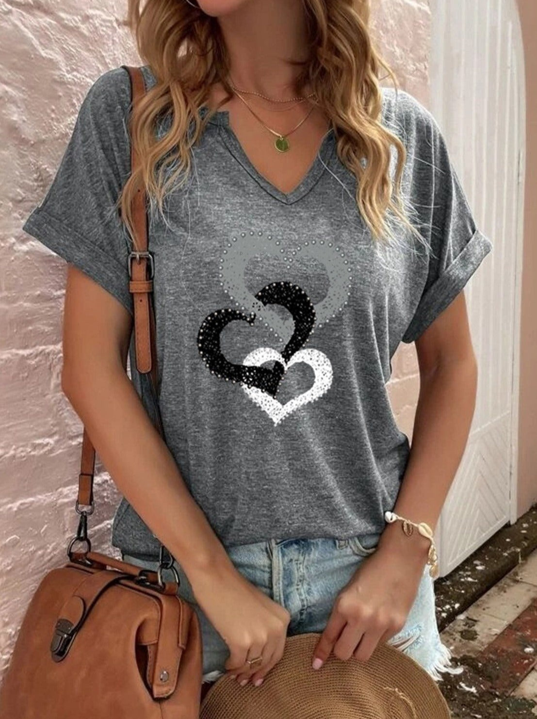 Lovely love printed v neck woman short sleeve T-shirts tops