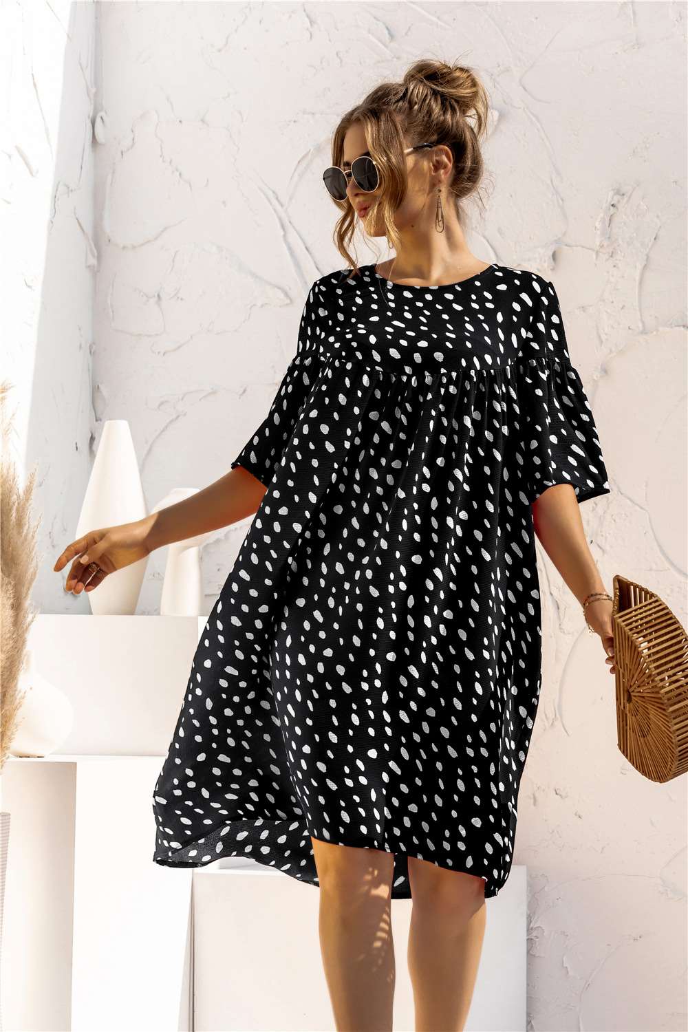 Fashion Point print Round neck Half sleeve Pocket Shift Dresses