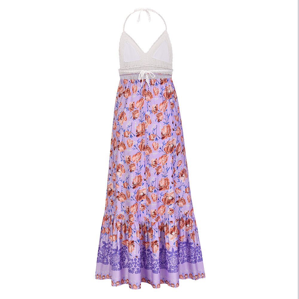 Vacation beach wearing printed halter neck women sleeveless long dresses