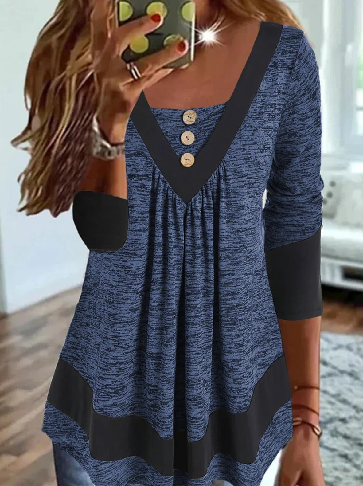 Solid color stitching v-neck long sleeve women's T-shirts