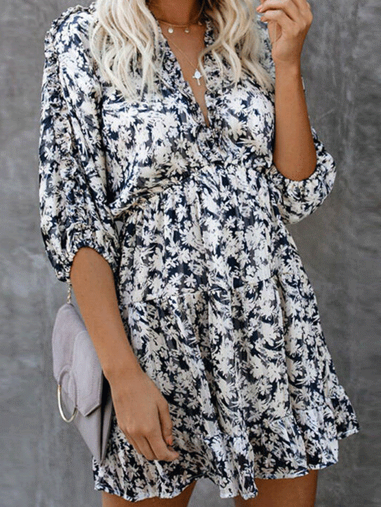 Casual Floral print V neck Half sleeve Skater Dresses