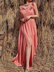 Casual Loose Pure Square collar Sleeveless Falbala Vent Maxi Dresses