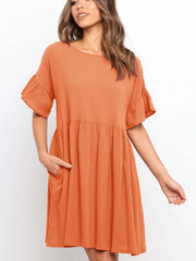 Casual Loose Pure Gored Round neck Short sleeve Shift Dresses