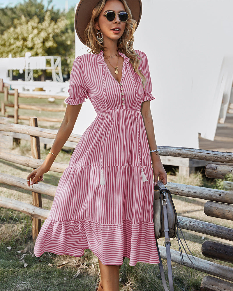 Chic stripe women v neck high waist Skater Dresses