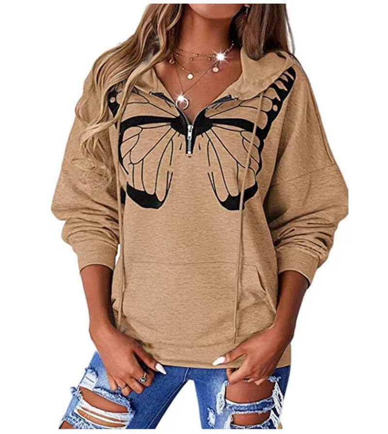 Butterfly Printed Pocket Hooded Loose Sweatshirts Hoodies