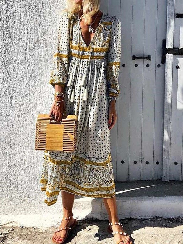 Casual Print V neck Long sleeve Maxi Dresses