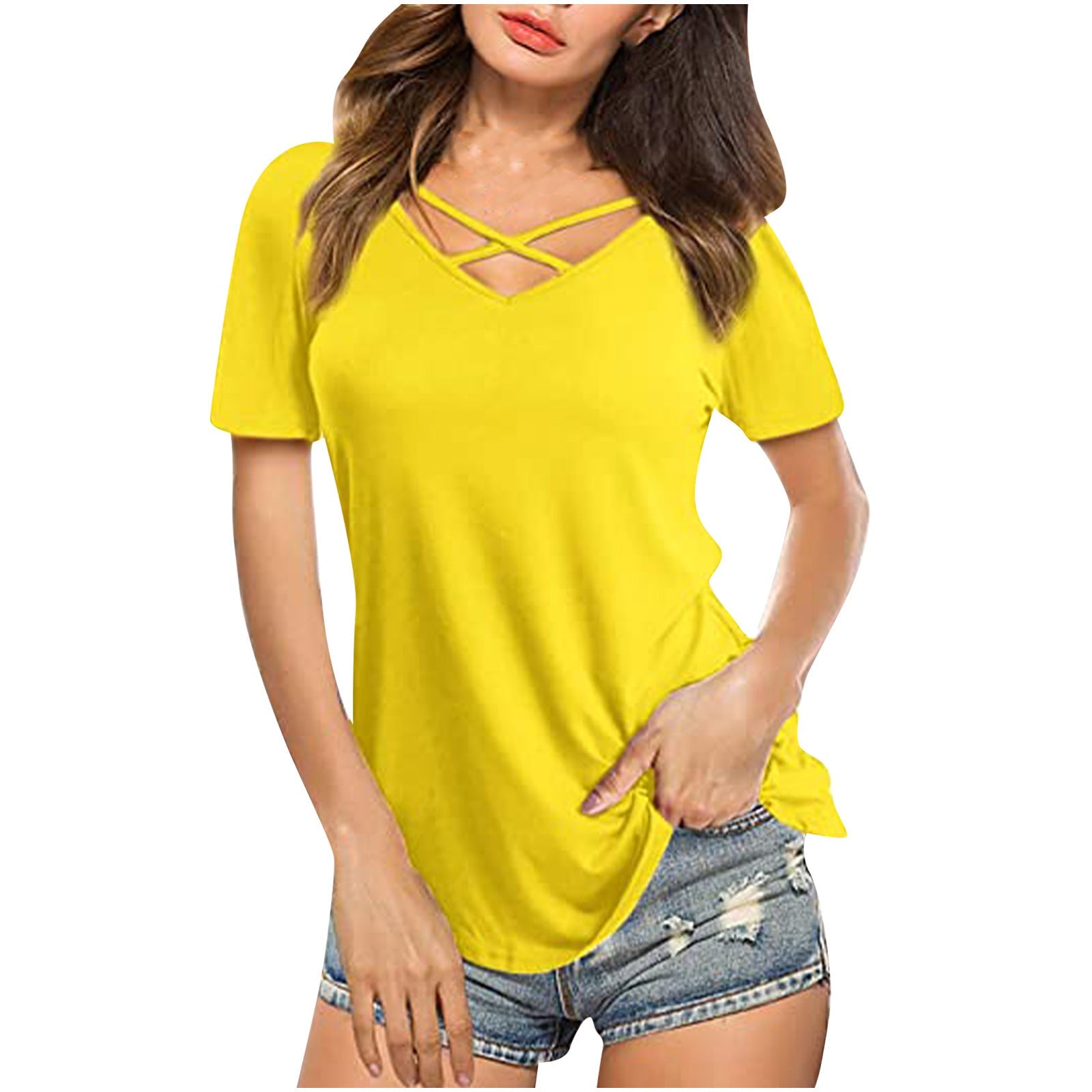 V neck tie neck plain daily T-shirts