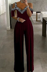 V neck off shoulder women wide-leg jumpsuits