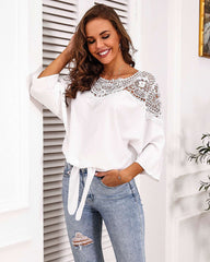 Casual Lace Hollow out Round neck Three quarter sleeve T-Shirts
