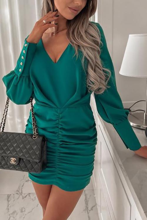 V Neck Ruched Bodycon Dress