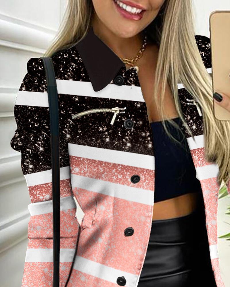 Zippered Long Sleeve Printed Jacket