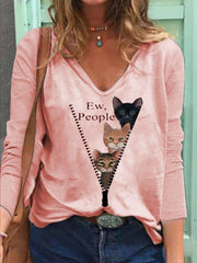 Casual Loose Cat print V neck Long sleeve T-Shirts
