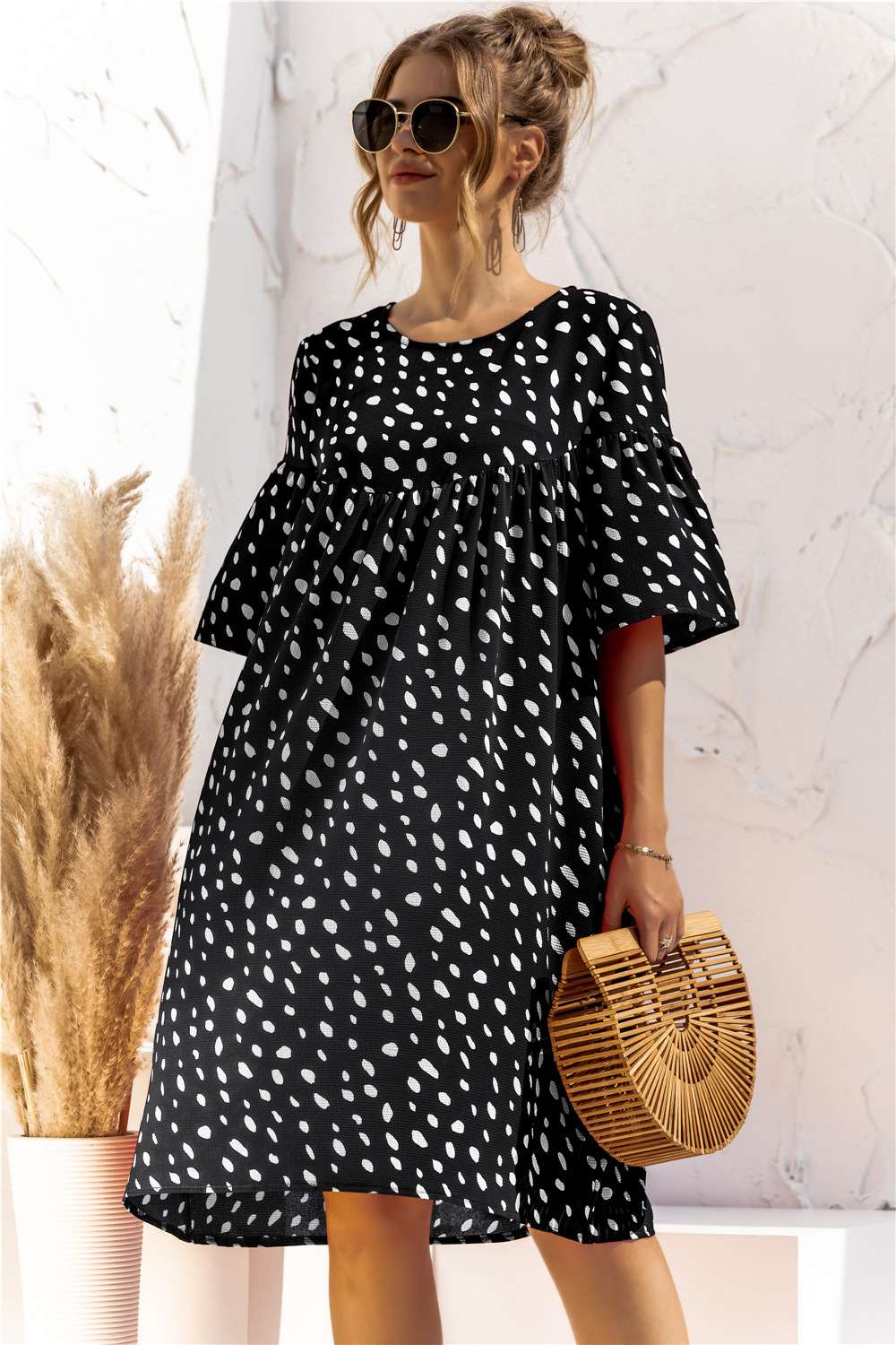 Fashion Point print Round neck Half sleeve Pocket Shift Dresses