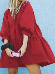 Casual Loose Pure V neck Puff sleeve Shift Dresses