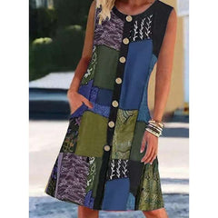 Casual Retro print Fastener Round neck Sleeveless Shift Dresses