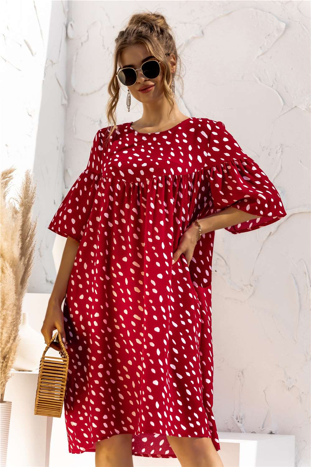 Fashion Point print Round neck Half sleeve Pocket Shift Dresses