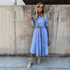Denim Blue Turn down neck with pockets Women long sleeve maxi dresses