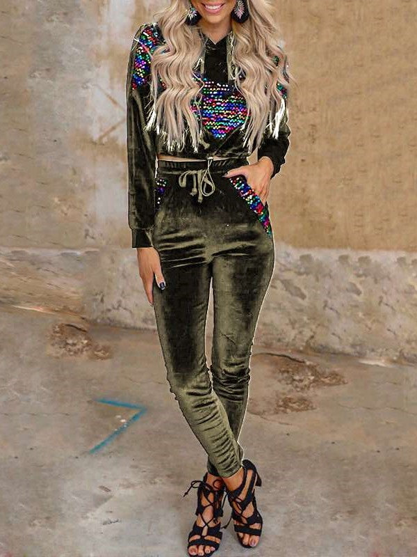 Pleuche Gored print Hoodi Sweatshirts & Pants Suits