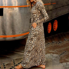 Casual Leopard print Round neck Long sleeve Skater Maxi Dresses