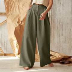 Casual Pure Color High Waist Button Cotton Linen Wide Leg Long Pants