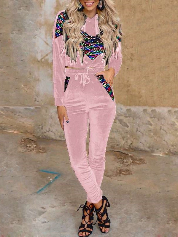 Pleuche Gored print Hoodi Sweatshirts & Pants Suits