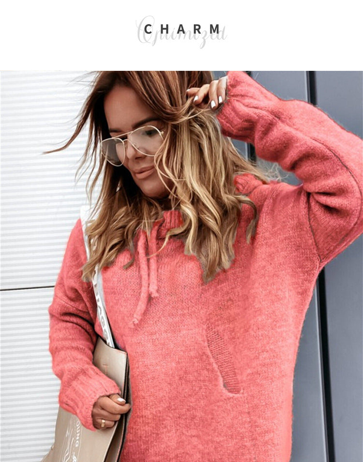 Warm hoodied women pockets long sleeve winter sweaters