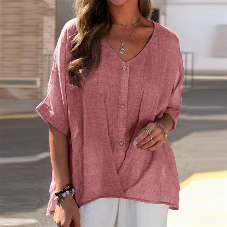 V Neck Pullover Short Sleeve Loose Fit Women's Irregular Casual Shirt