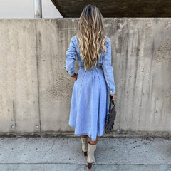 Denim Blue Turn down neck with pockets Women long sleeve maxi dresses