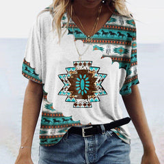 Vintage Print  Geometric V-Neck Short Sleeve T-Shirts