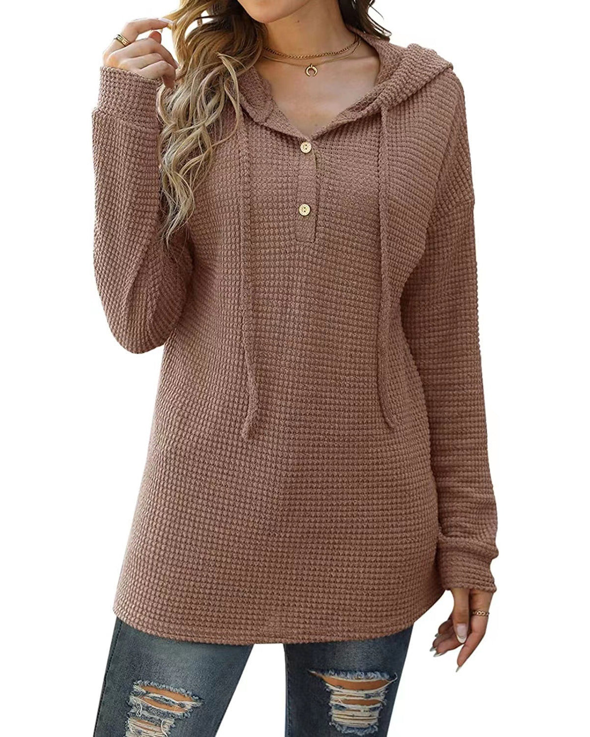 Loose Sports Knit Long Sleeve Button Hooded Sweatshirts