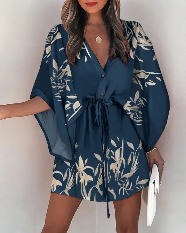 Fashion New Printed Shirt Dress Deep v neck Half Neck Vacation Dresses