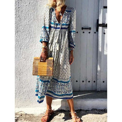 Casual Print V neck Long sleeve Maxi Dresses
