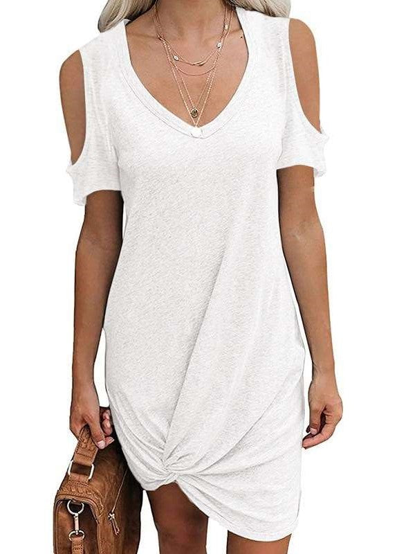 Casual Pure V neck Off shoulder Short sleeve Kink Shift Dresses