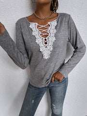 Loose long-sleeved top v-neck pullover solid color casual t-shirts