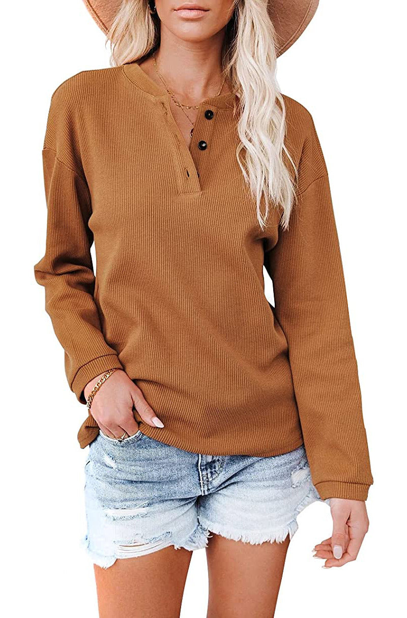 Women's V-neck solid color long-sleeved top T-shirts