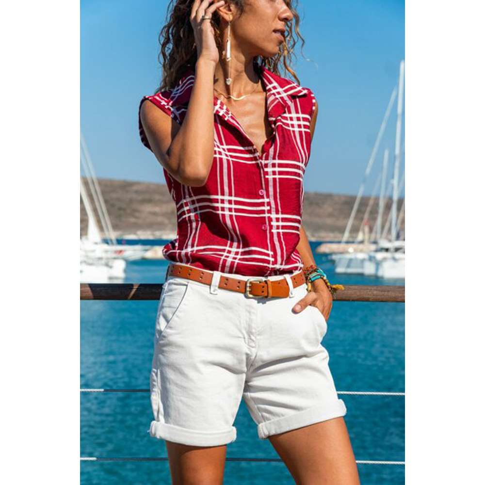 Fashion Plaid Lapel Sleeveless Blouses