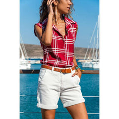 Fashion Plaid Lapel Sleeveless Blouses